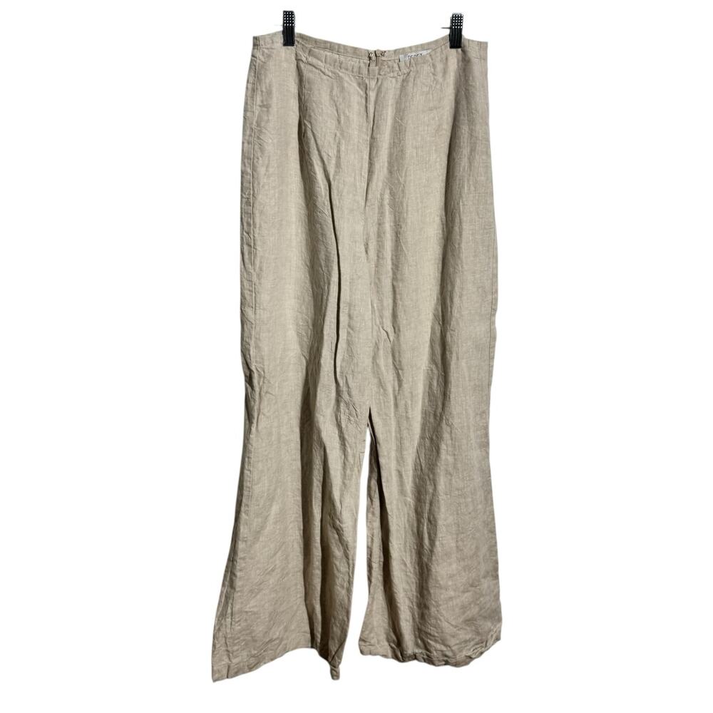 Reset 100% Linen Minimal Wide Leg Pant Women L Tan Coastal Beach Lagenlook